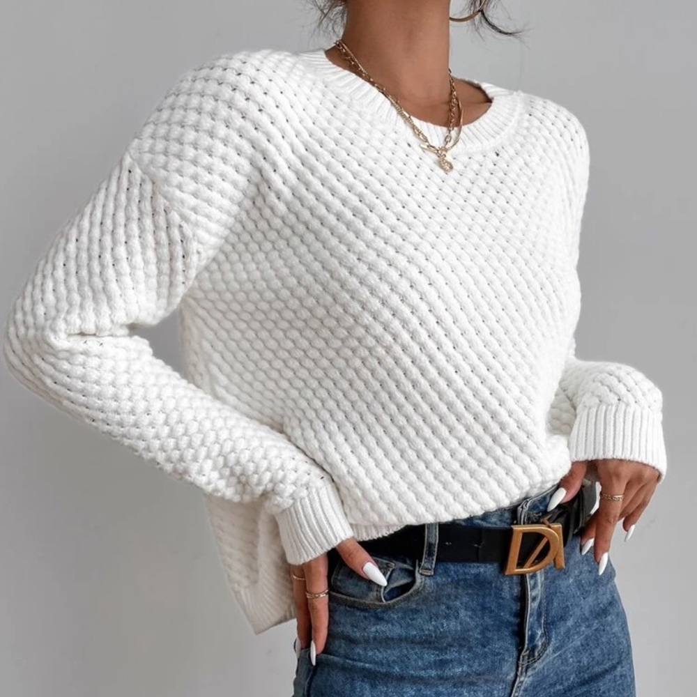 Bubble knit round neck cozy soft sweater white preppy boho - Picture 3 of 3